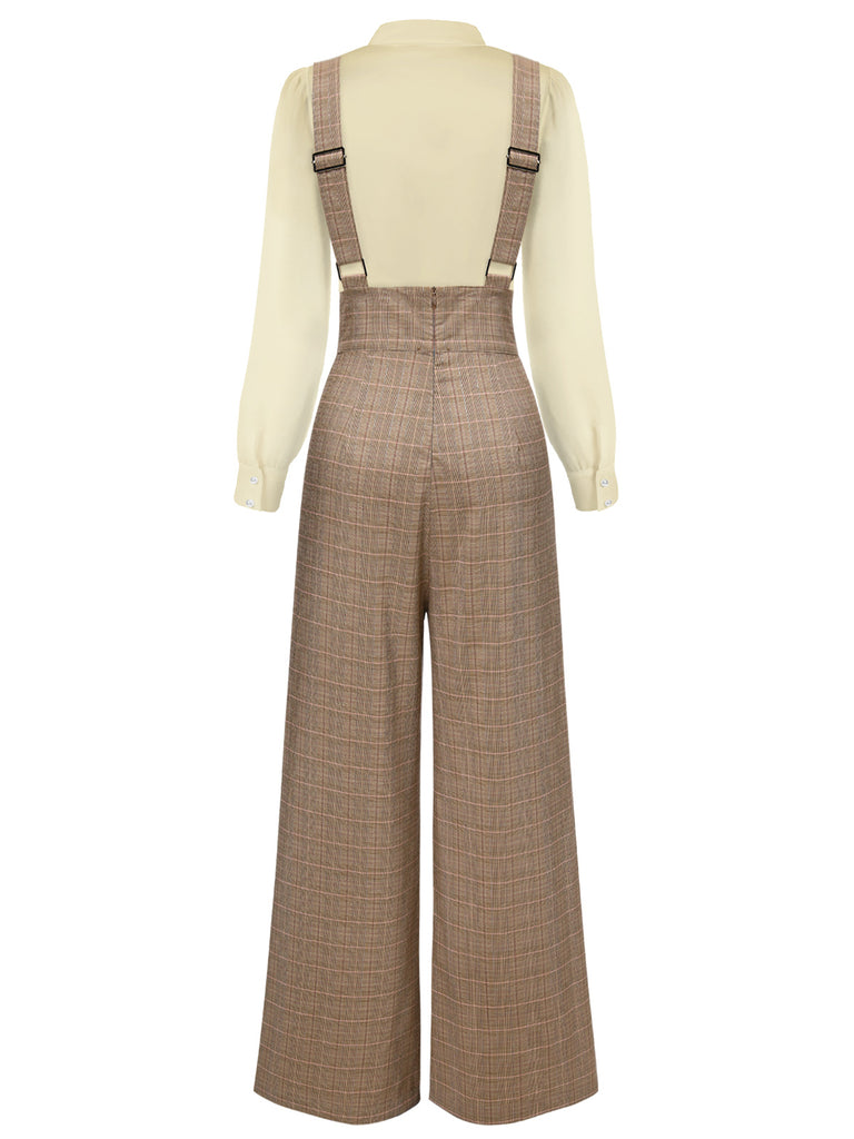 2PCS 1940s Satin Puff Sleeve Blouse & Glen Plaid Overall Pants