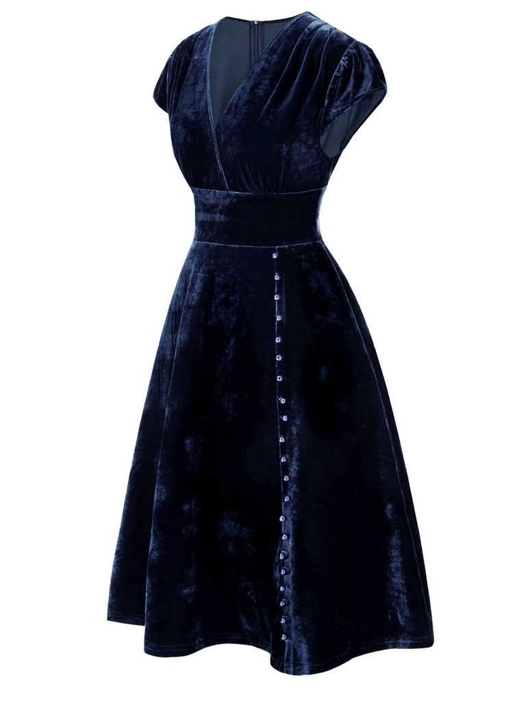 [Pre-Sale] Blue 1940s Deep V-Neck Pearl Velvet Dress