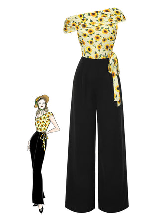 Yellow 1930s Sunflower Oblique Neck Jumpsuit