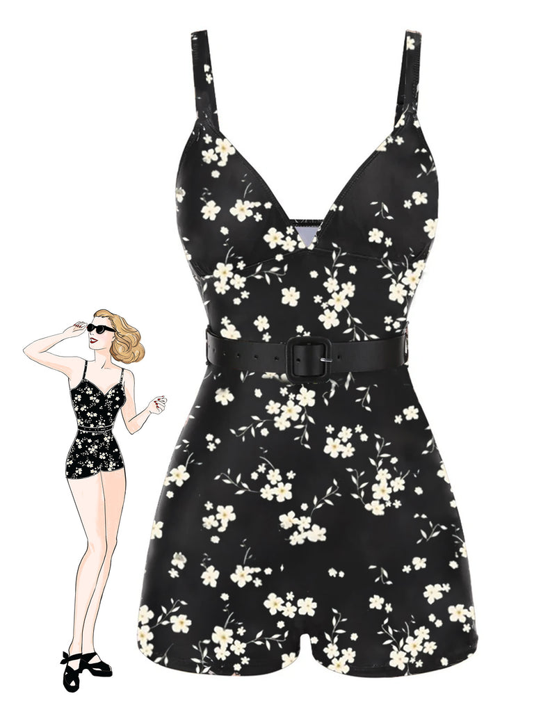 Black 1940s Floral Boxer Straps Swimsuit