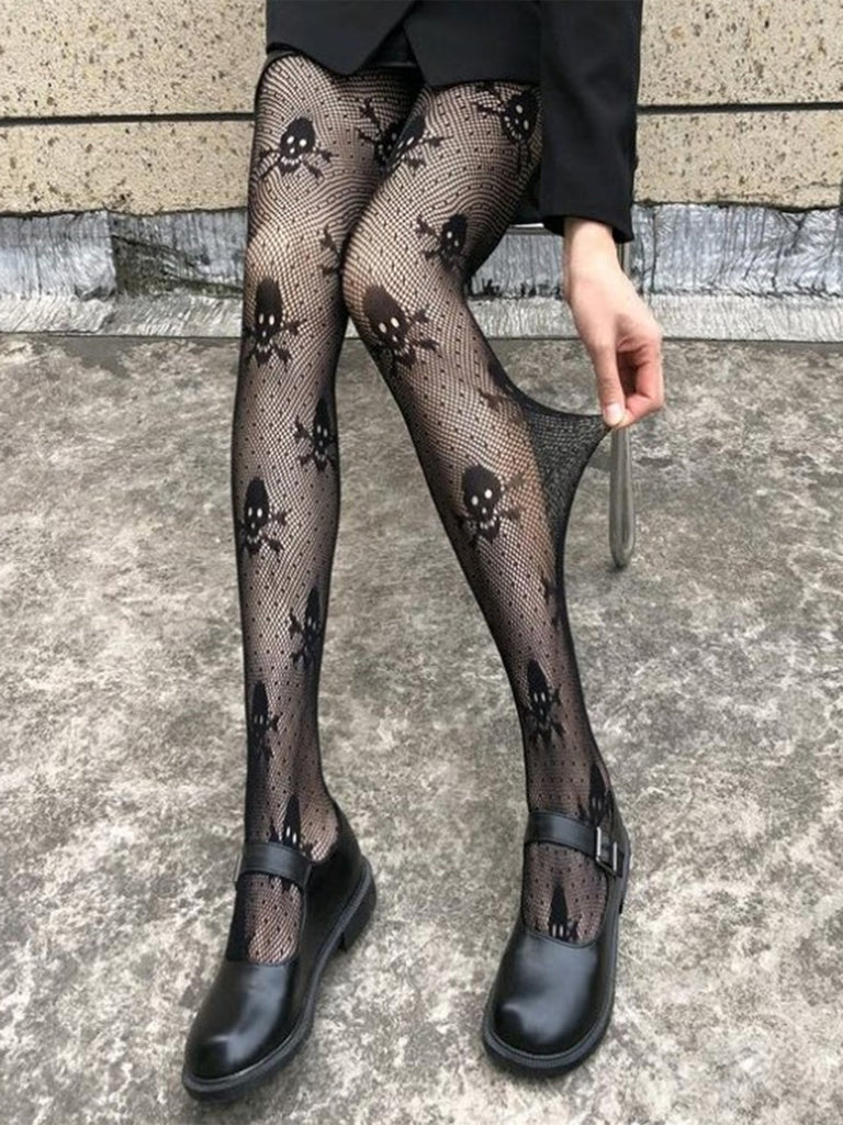 Black Gothic Skull Fishnet Tights
