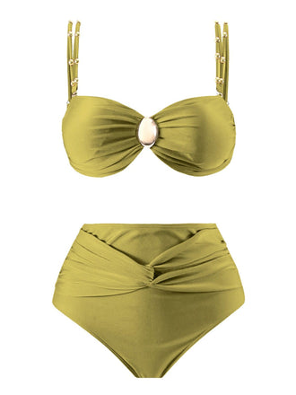 1950s Spaghetti Strap Jewel High-Waist Solid Bikini Set