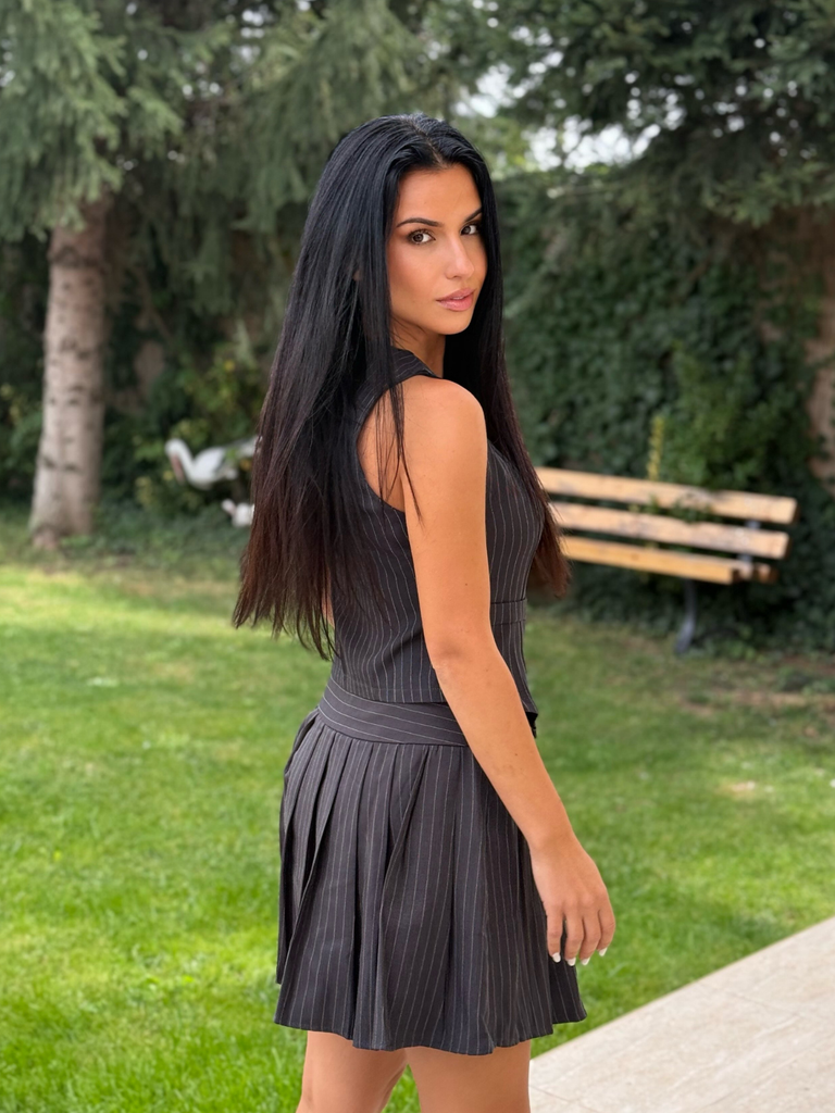 Dark Gray 1960s V-Neck Pinstripes Sleeveless Top