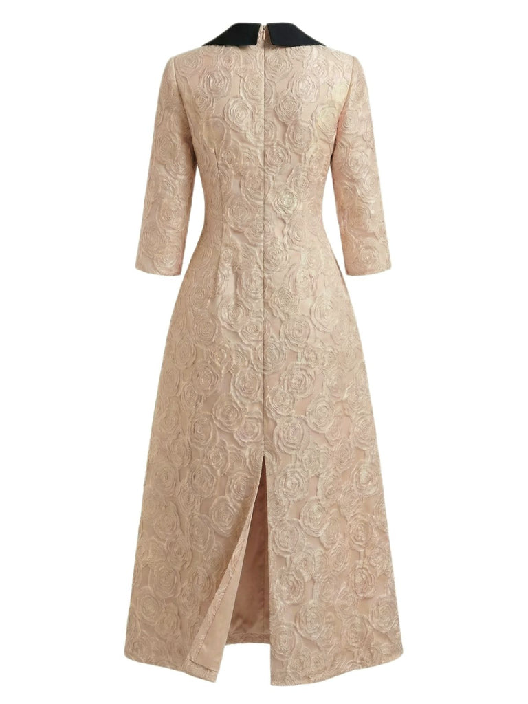 Champagne 1930s Rose Jacquard V-Neck Bow Dress
