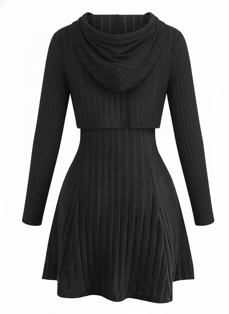 2PCS 1940s Ribbed Knit Cut-Out Hoodie Dress