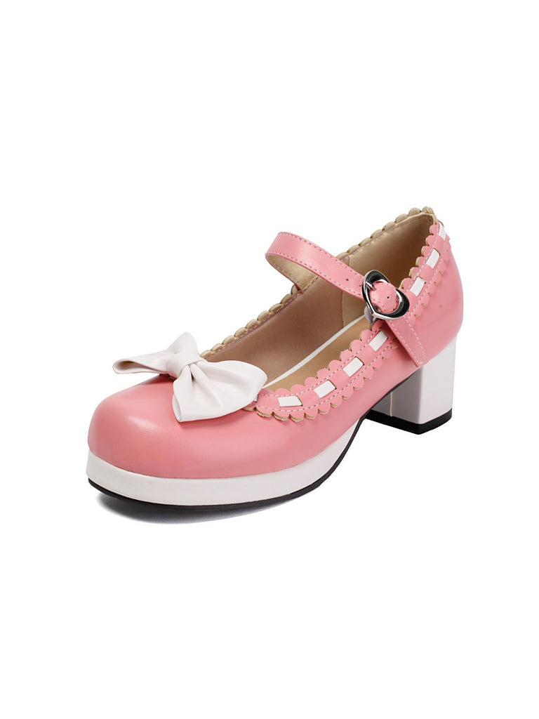 Chunky Heel Two Tone Bow Marry Jane Shoes