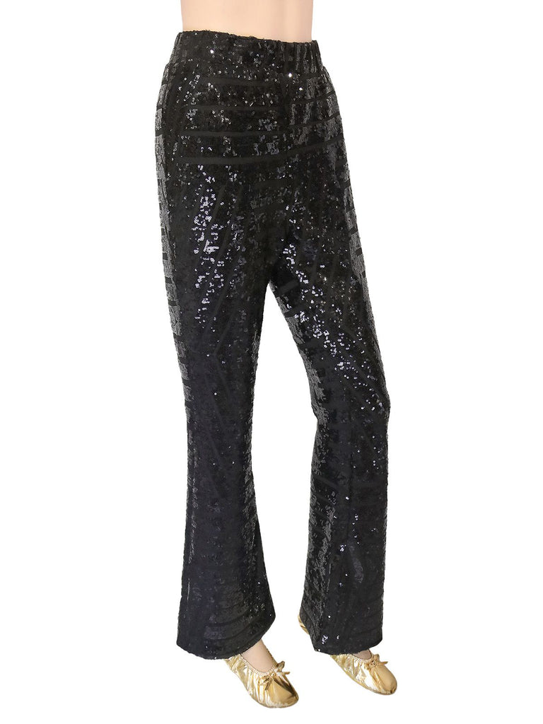 Black 1920s Solid Sequin Flared Pants