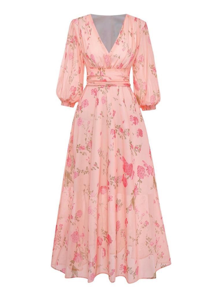 Pale Pink 1930s Floral V-Neck Chiffon Dress