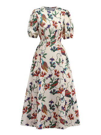 Beige 1940s Flowers & Birds Print Puff Sleeves Dress