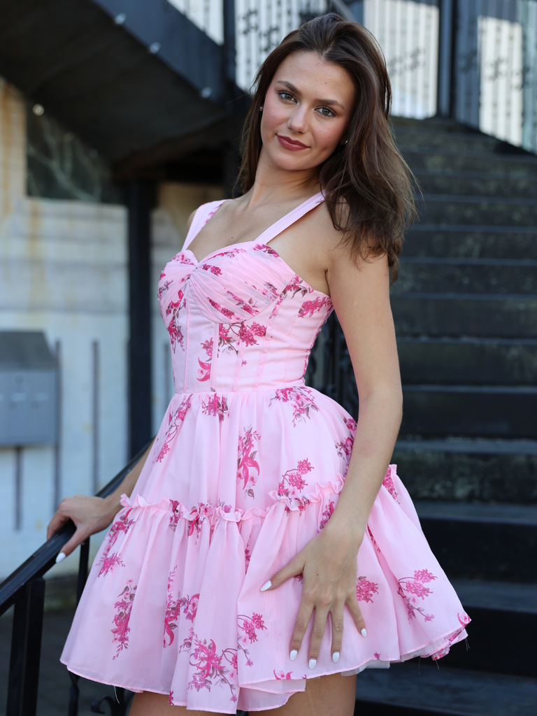 Pink 1950s Ditsy Floral Corset Back-Tie Tutu Dress