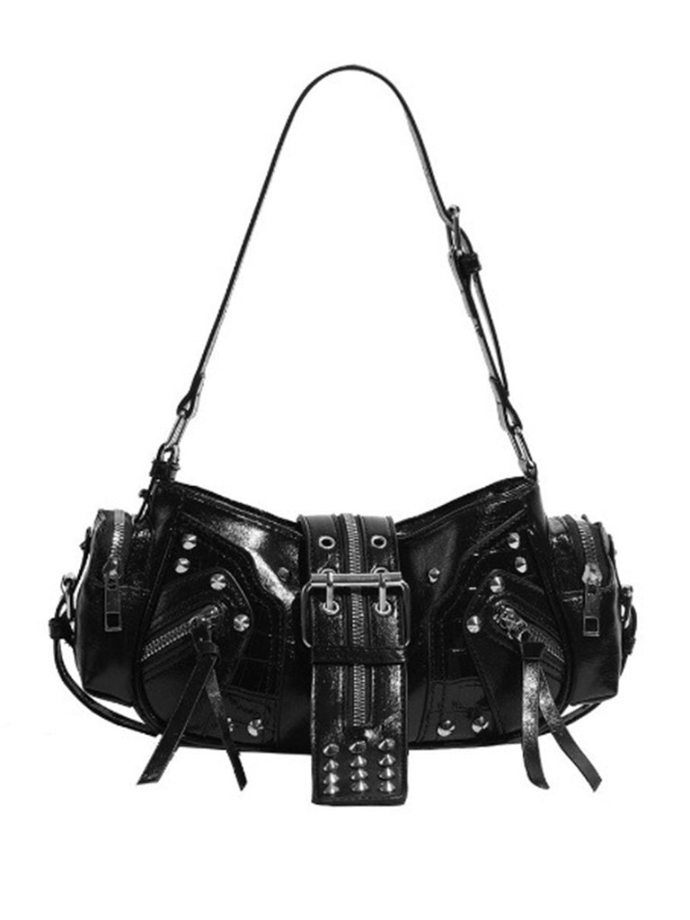 Black Punk Studded Buckle Shoulder Bag