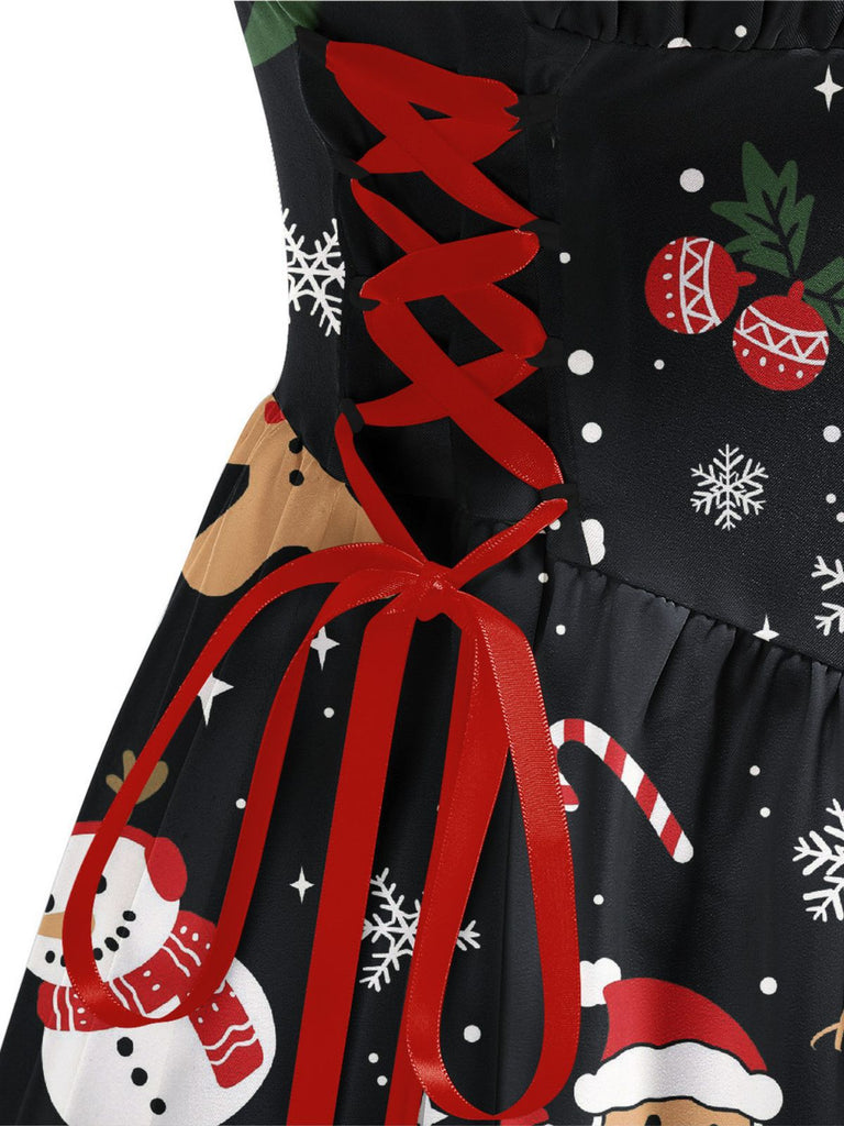 Black 1950s Christmas Print Lace-Up Dress