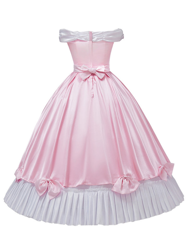 Pink 1950s Off-Shoulder Pleated Satin Bow Princess Dress