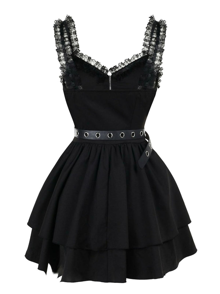 Black 1980s Punk Metal Belted Patchwork Dress