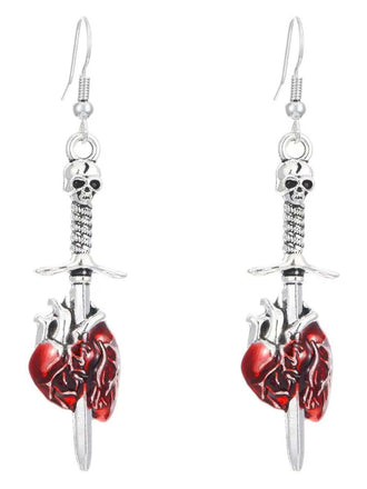 Vintage Halloween Skull Sword Heart Earrings