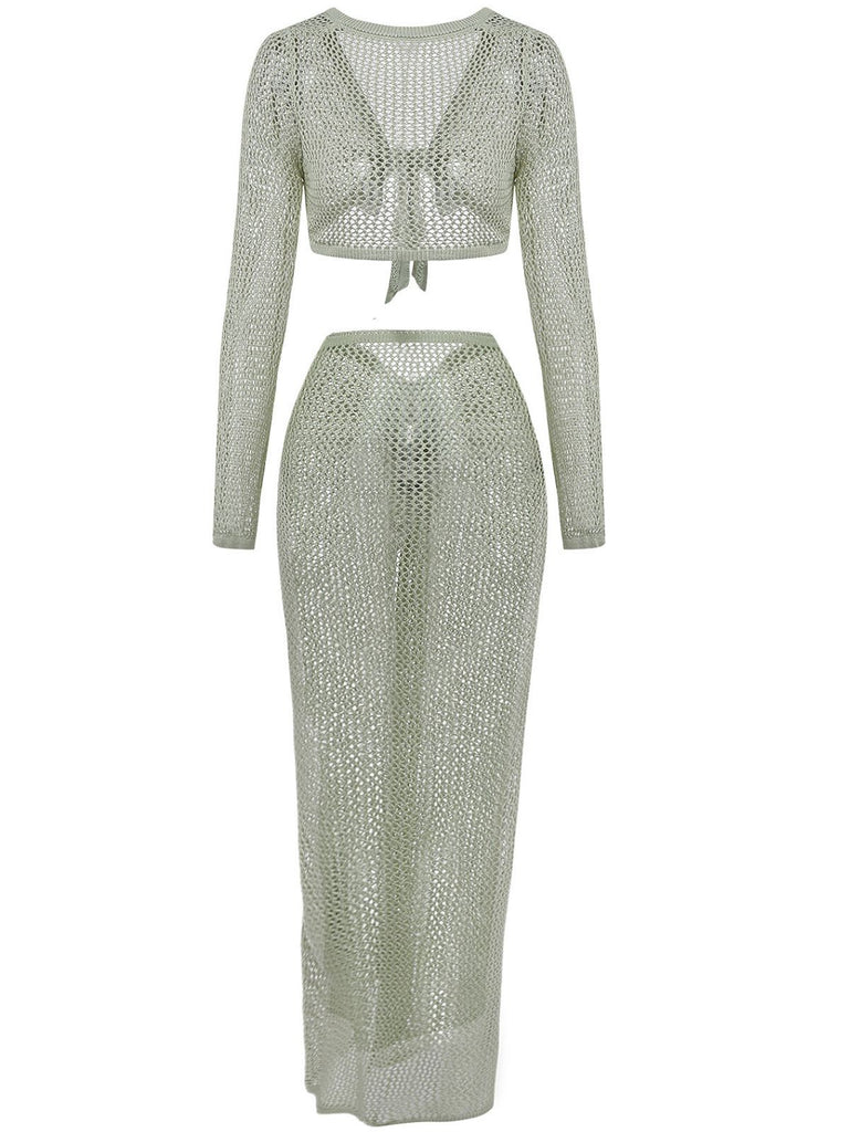 2PCS Green 1960s Crochet Long Sleeve Beach Cover-Up Set