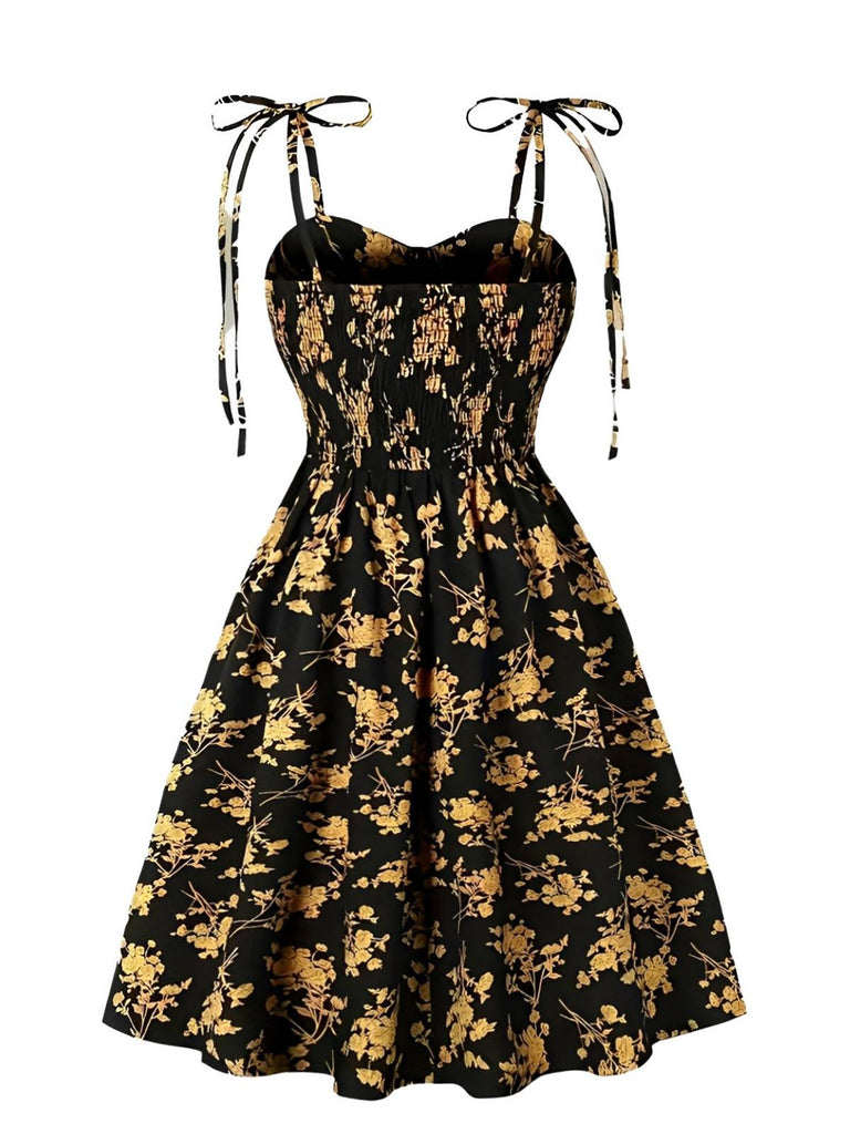 [Plus Size] Orange 1940s Ditsy Floral Spaghetti Strap Lace-Up Dress