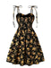 [Plus Size] Orange 1940s Ditsy Floral Spaghetti Strap Lace-Up Dress