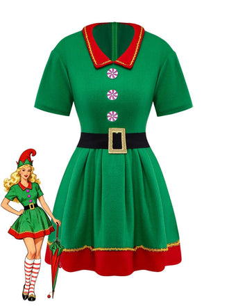 Green 1960s Christmas Elf Cosplay Costume Dress Set
