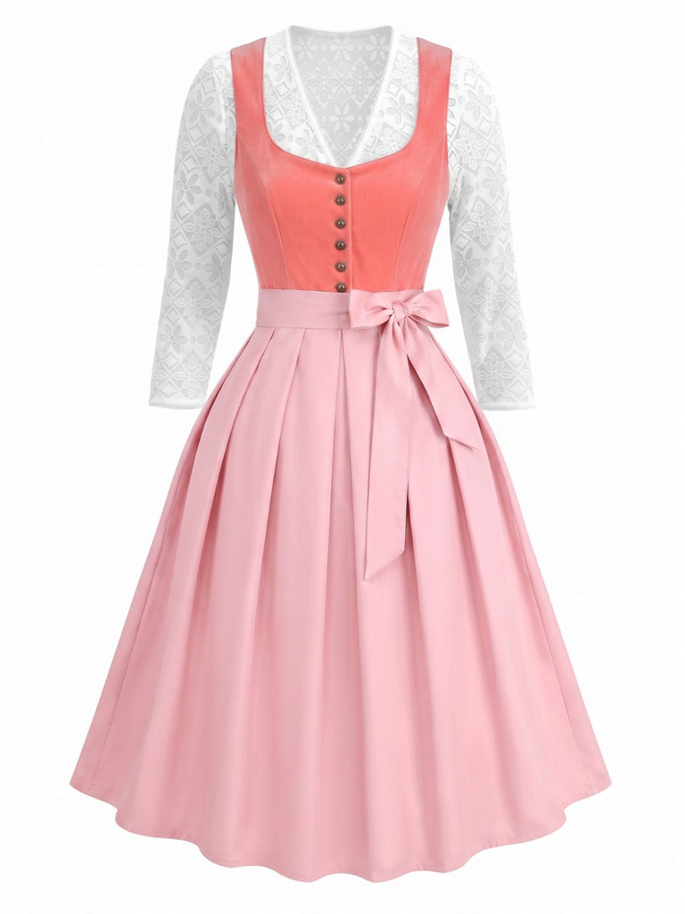 Pink 1950s Velvet Sweetheart Neck Dress & Apron & Lace Top