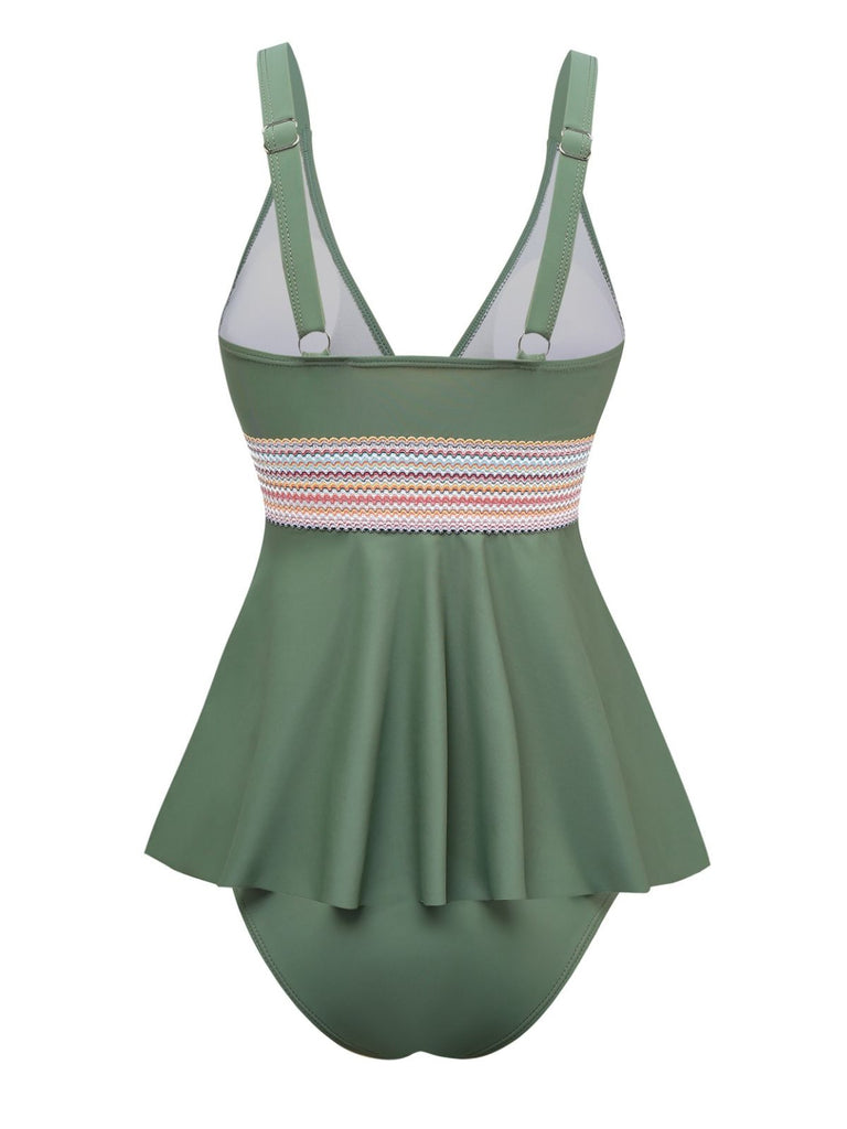 2PCS 1940s Solid Boho Ruffled Skirt Swimsuit