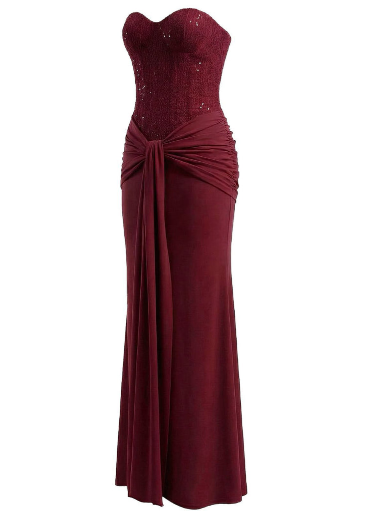 1930s Solid Lace-Up Strapless Maxi Dress