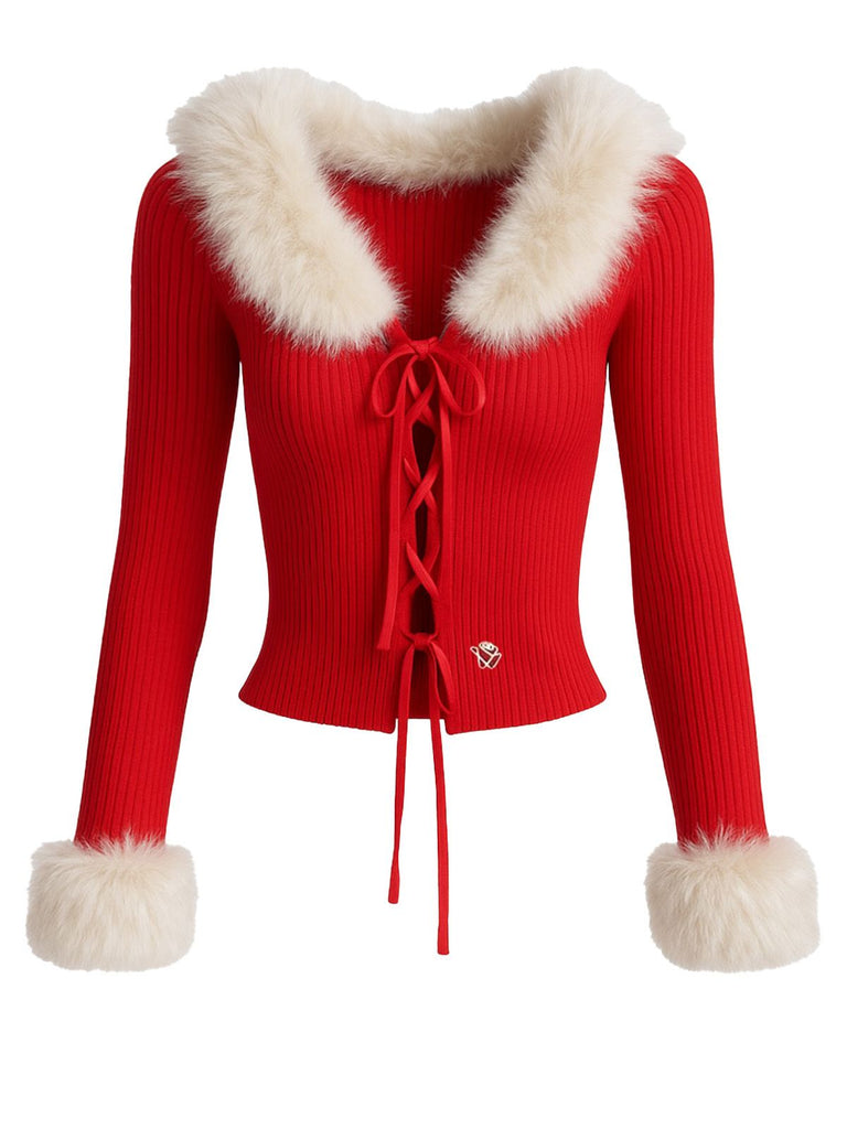 Red 1980s Detachable Fur Collar Tie Knit Cardigan