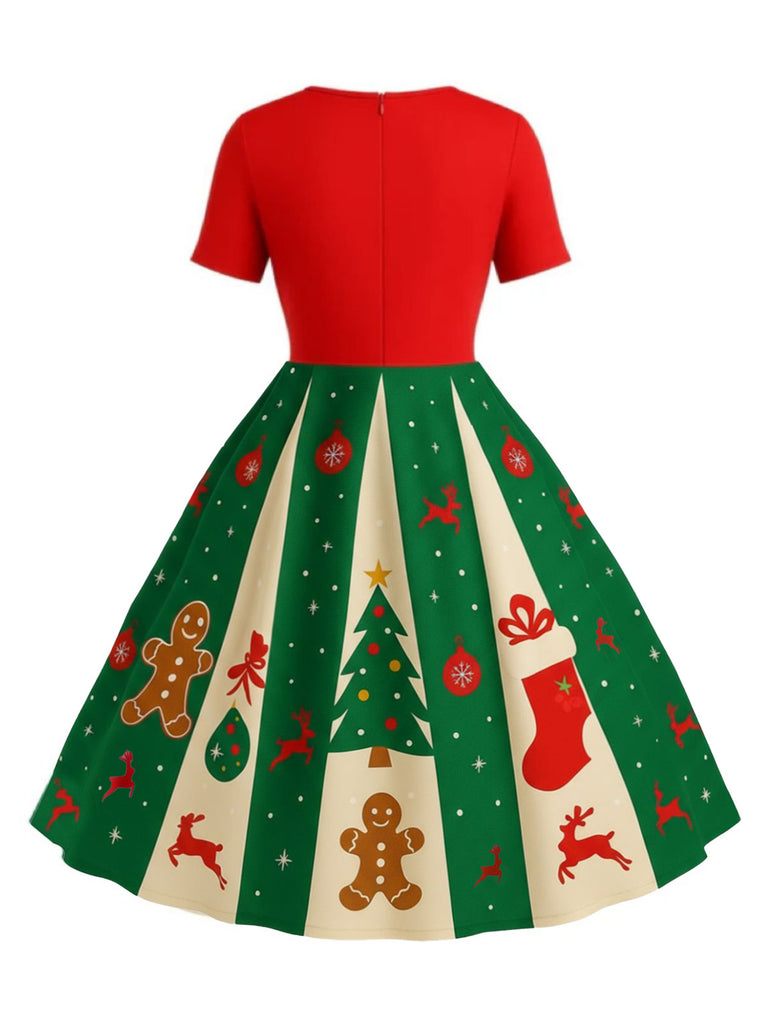 [Plus Size] Red & Green 1950s Christmas Snowflake Swing Dress