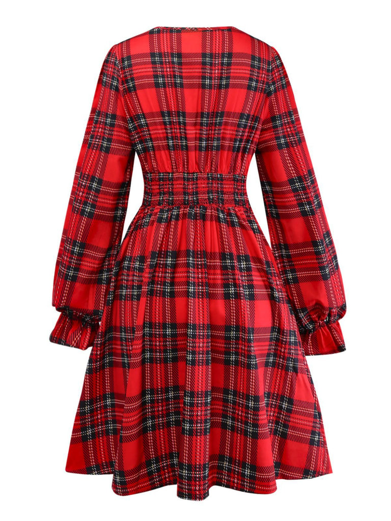 Red 1950s Plaid Bow Deep-V Long Sleeves Dress