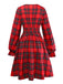 Red 1950s Plaid Bow Deep-V Long Sleeves Dress
