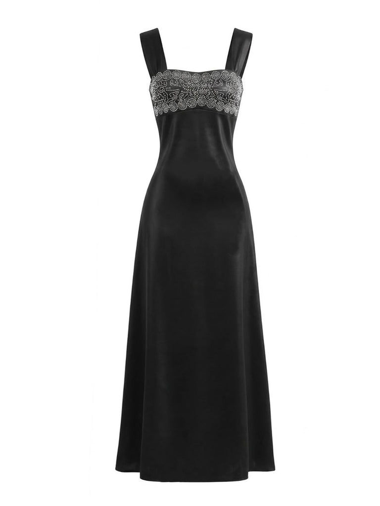 1930s Satin Rhinestone Wide-Strap Maxi Dress