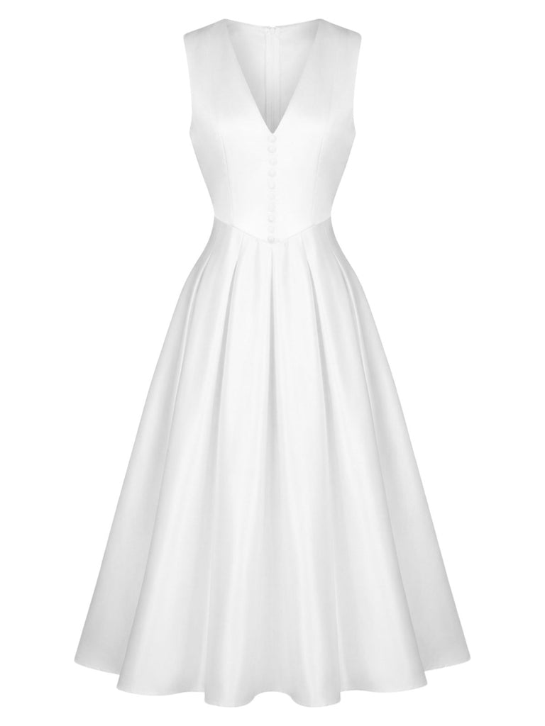 White 1950s Solid Sleeveless V-Neck Button Dress
