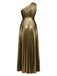 Gold 1980s Metallic One-Shoulder Pleated Party Dress