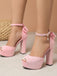 Pink Faux Suede Bow High Block Heel Shoes