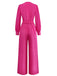 Rose Pink 1960s Deep V Belted Lantern Sleeve Solid Jumpsuit