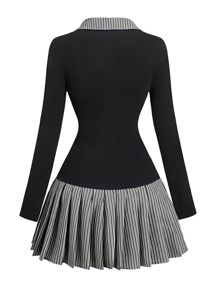 1960s V-Neck Striped Pleated Fake Two-Piece Dress
