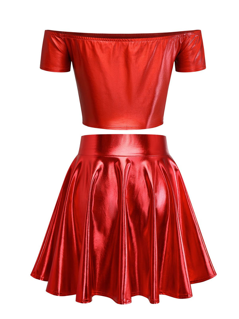2PCS Metallic 1970 Disco Off-Shoulder Top & Pleated Skirt