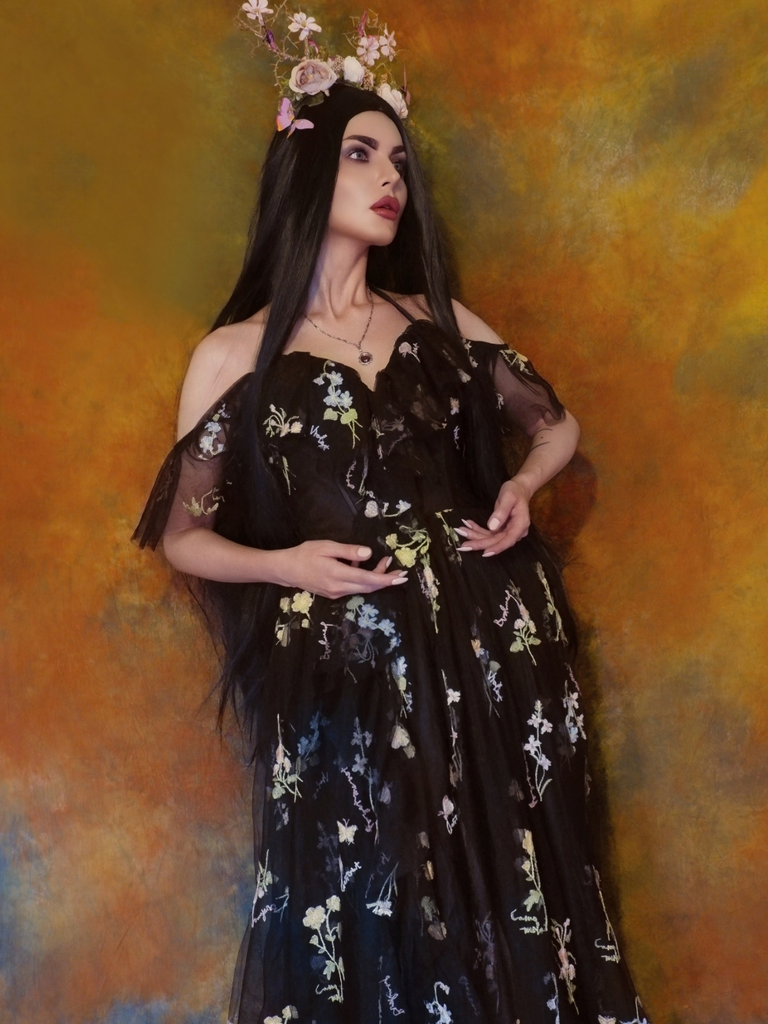 1970s Slip Floral Embroidered Mesh Slit Dress