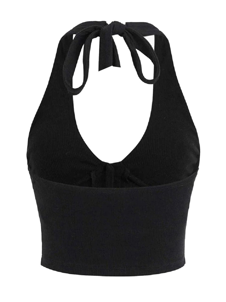 Black 1950s Punk Halter Rhinestone Skull Button Crop Top