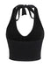 Black 1950s Punk Halter Rhinestone Skull Button Crop Top
