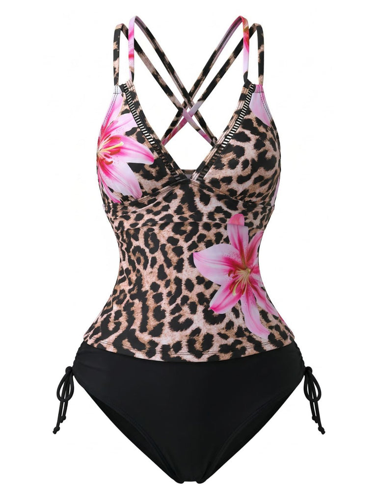 1950s V-Neck Floral Patchwork Tankini Set