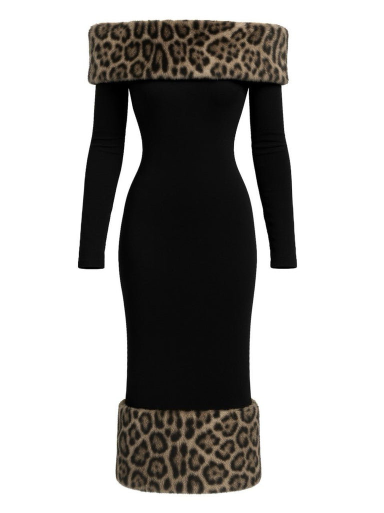 Black 1930s Leopard Fur Patchwork One-shoulder Dress