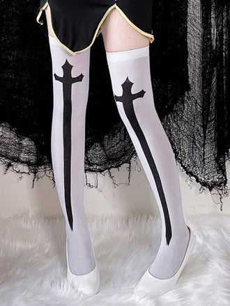 Halloween Cross Print Thigh High Stockings