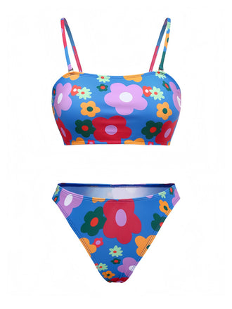 Blue 1960s Cartoon Floral Spaghetti Straps Swimsuit