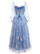 Blue 1930s Floral Embroidered Mesh Long Sleeve Dress