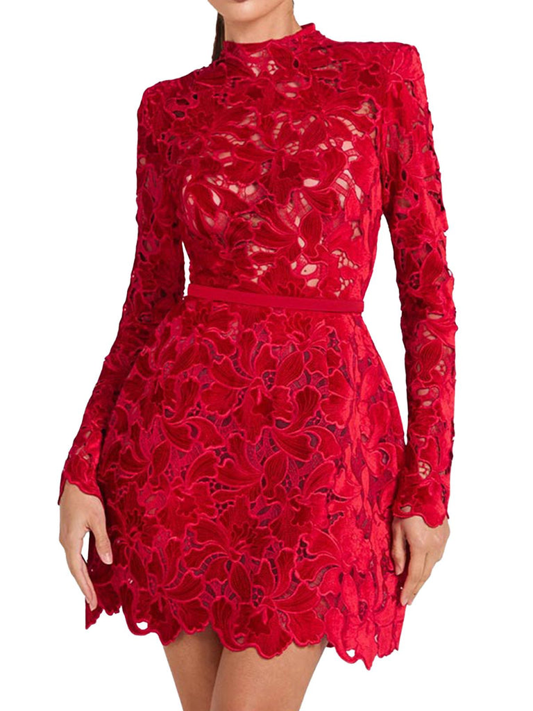 1960s Flocked Floral Lace Half Turtleneck Dress