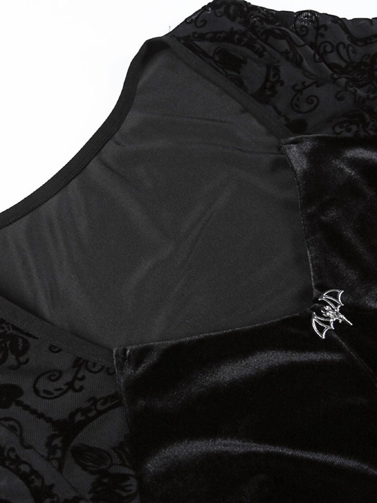 Black 1960s Gothic Flocked Dress