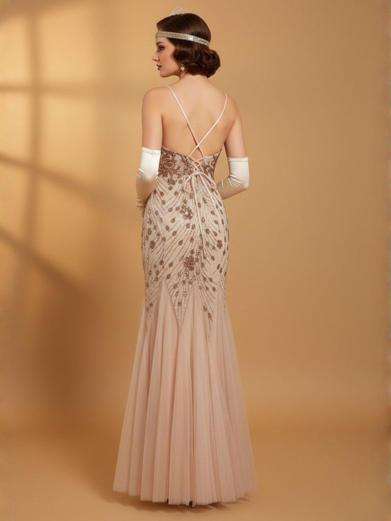 Beige 1920s Sequin Mesh Backless Mermaid Evening Dress
