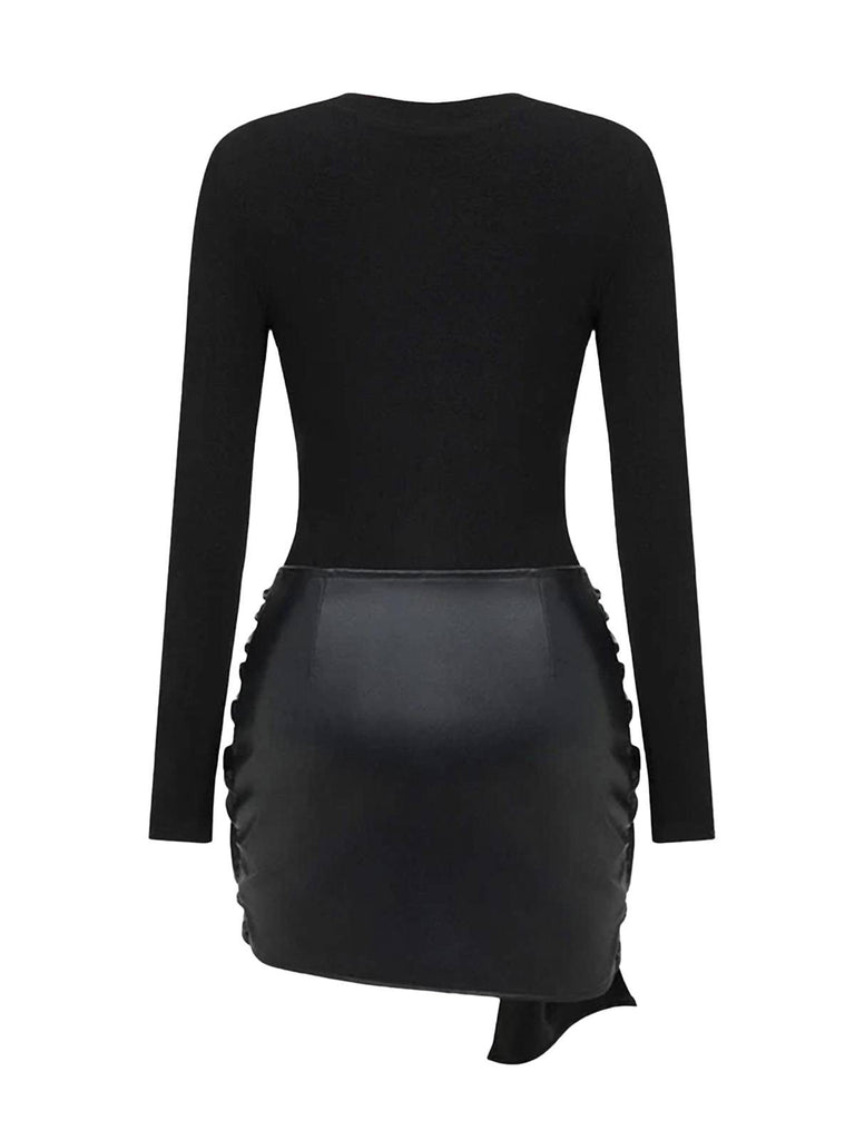 1980s Faux Leather Bow Long Sleeve Dress