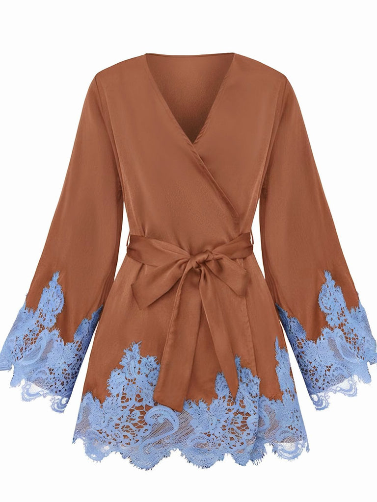 1960s Solid Satin Lace Trim Patchwork Tie Dress